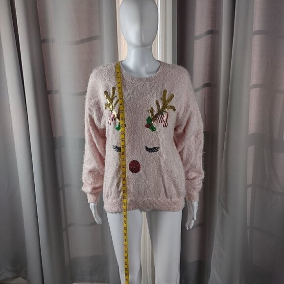 Holiday Time Pink, Shaggy, Reindeer Themed, Holiday Sweater Size L (12-14) - Picture 5 of 12